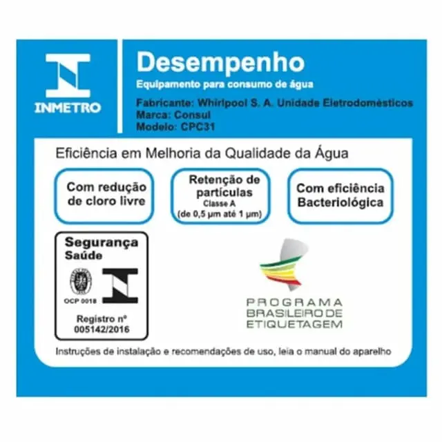 Retenção de partículas Selo do Inmetro purificador de água